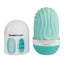 A Pretty Love double-sided textured egg stroker sits in its case in an aqua colour. 