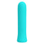 An aqua coloured ribbed silicone bullet vibrator stands against a white backdrop. 