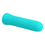 An aqua coloured silicone vibrator lays flat against a white backdrop featuring a ribbed texture. 