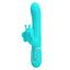 An aqua clitoral suction rabbit vibrator with 4 seperate button controls on the base handle. 