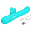 An aqua clitoral suction rabbit vibrator with its magnetic charging points lays next to its cord.