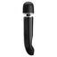 An ergonomic black wand massager with a tapered handle and quilted texture stands against a white backdrop. 