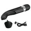 A black ergonomic wand with a charging point lays next to its charging cord. 