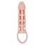 A vibrating windowed flesh coloured penis extension sleeve with a squishy yet solid head. 