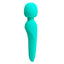 An aqua coloured cordless silicone wand vibrator with a tapered handle stands against a white backdrop. 