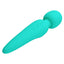 An aqua silicone wand vibrator lays flat against a white backdrop with three buttons featured on the front middle handle. 