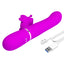 A magenta clitoral suction rabbit vibrator with its magnetic charging points lays next to its cord.