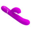 A clitoral suction g-spot thumping rabbit vibrator showcases its external arm with a silicone mouth cup. 