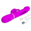 A magenta g-spot tapping rabbit vibrator with magnetic charging points next to its cord.