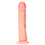 A straight realistic dildo with skin-like PVC and phallic details stands against a white backdrop.