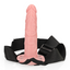 A hollow strap-on dildo sits next to its waistband and adjustable waist and leg straps with a hands-free vibrator.