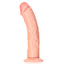 A curved realistic dildo stands against a white backdrop and features a suction cup base. 