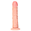 A straight realistic dildo with skin-like PVC and phallic details stands against a white backdrop.