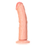 A realistic curved dildo features a girthy shaft and a veiny texture.