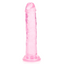 A realistic pink clear jelly dildo with a ridged phallic tip stands against a white background. 