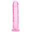 A crystal clear 10 inch jelly dildo stands against a white backdrop with a harness-compatible suction cup. 