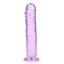 An 11 inch purple clear jelly dildo stands against a white backdrop with a suction cup base. 