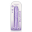 An 11 inch clear purple dildo with a suction cup stands inside its clear packaging by Real Rock. 