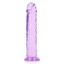 A clear purple jelly 11 inch dildo stands against a white backdrop with a veiny shaft.