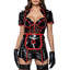 A model wears a nurse vinyl dress in black & red which includes a sleeveless bodycon dress, bolero, medical logo apron & matching headband.