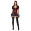 A model wears a nurse gartered 4 piece dress with wet look vinyl and contrast red piping details.