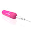 A hot pink rechargeable bullet vibrator lays flat and showcases its charging cord plugged in at the base.