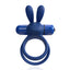 A dual cock and ball ring in navy blue stands against a white backdrop featuring flexible rabbit ears. 