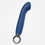 A blue rechargeable silicone g-spot vibrator stands on a white backdrop with an ergonomic ring-shaped handle.