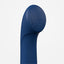 Close up of a blue silicone g-spot vibrator with a curved shaft with a flat, angled head.