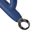 Close up of a navy blue rabbit vibrator showcasing its ergonomic ring-shaped handle and single power button on the base.