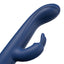 Close up of a navy blue rabbit vibrator showcasing its external clitoral arm with bunny ears. 