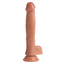 A realistic dildo with a phallic tip and veiny shaft stands against a white backdrop. 