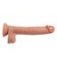 A realistic nine inch dildo features realistic testicles.  