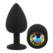 A mini black silicone butt plug by Sexyland with a gem base against a white backdrop. 