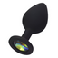 A black silicone butt plug with a flared stopper and crystal gem base.