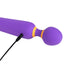 Back view of a purple double ended wand vibrator showcasing its charging cord attached.