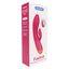 A box stands against a white backdrop with a pink and orange g-spot rabbit vibrator on it by Sexyland. 