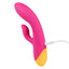 A g-spot rabbit vibrator in orange and pink showcases its charging cord at the base of the back handle. 