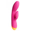 A pink and orange g-spot rabbit vibrator with a flexible head and shaft stands against a white backdrop. 