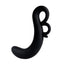 A black ergonomic silicone prostate massager with two finger loops.