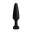 A medium black silicone butt plug by Sexyland stands against a white backdrop with a flexible neck. 