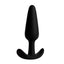 A petite black silicone slimline butt plug with a curved t-bar base. 