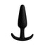 A petite black silicone slimline butt plug stands against a white backdrop with a tapered tip.