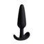 A medium black silicone slimline butt plug with a curved t-bar base. 