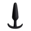 A large black silicone slimline butt plug stands against a white backdrop with a tapered tip.