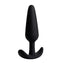 A large black silicone slimline butt plug with a curved t-bar base. 