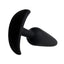 A large black silicone slimline butt plug with a curved t-bar base. 