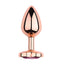 A small rose gold metal butt plug stands against a white backdrop with a tapered tip and bulbous body. 