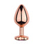 A medium sized metal rose gold butt plug stands against a white backdrop with a tapered tip and bulbous body. 