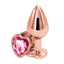 A pair of medium sized rose gold metal butt plugs stands against a white backdrop showcasing its pink gem heart shaped flared stopper base. 